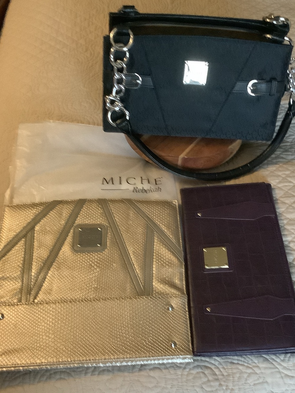 Miche Black Handbag with Gold Metallic and Plum Wallet